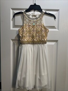 Crystal Doll Ivory & Champagne Jeweled Halter Party Dress